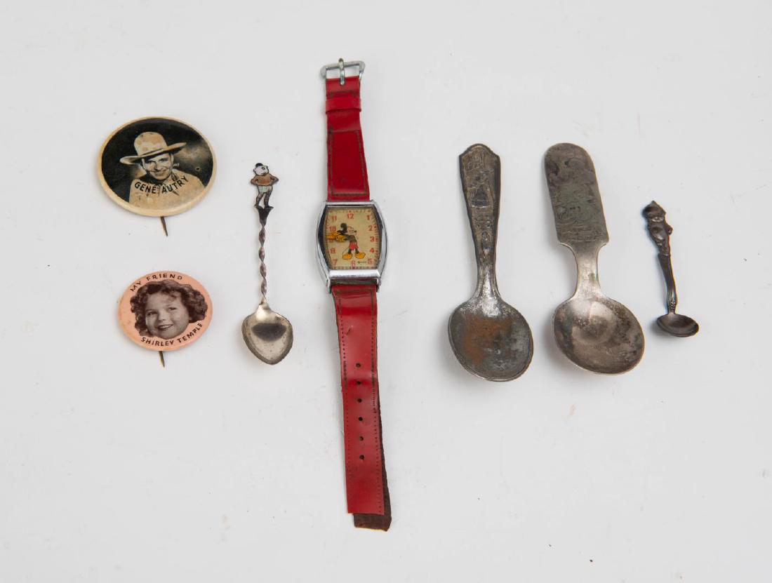 MICKEY MOUSE WATCH & MINNIE MOUSE SPOON & 5 ITEMS: Shirley Temple button, Gene Autry button, Kewpie Doll Spoon, Sterling spoon with enameled figure, Bo Peep spoon. 4 inches