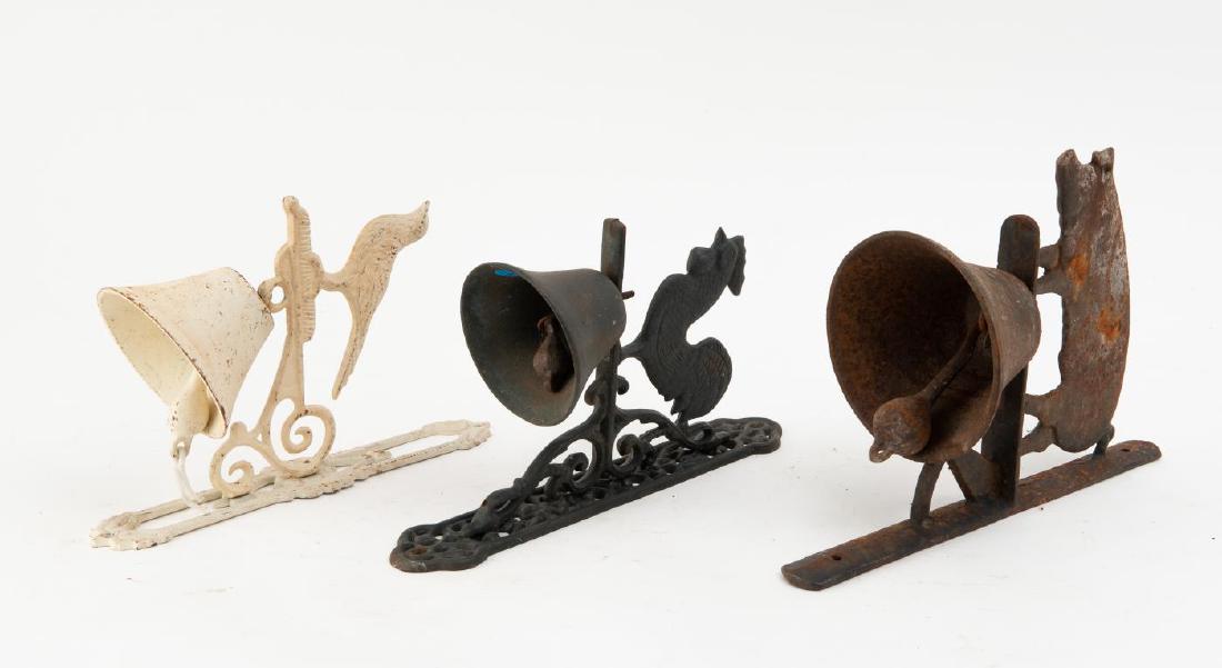 3 CAST IRON BELLS ON BRACKETS - PIG, BIRD, & ROOS (1 of 4)
