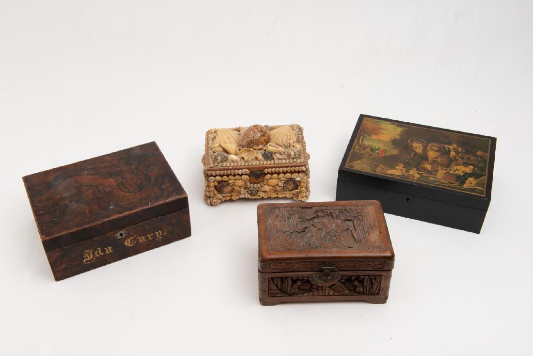 FOUR DRESSER BOXES: One shell covered souvenir music jewelry box example from Wiesbaden, Germany. A black painted example with a print of Edward Hick's "Peaceable Kingdom." A 19th century sponge paint decorated example w