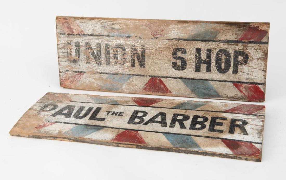 TWO BARBER SIGNS IN OLD PAINT: "UNION SHOP" (1 of 3)