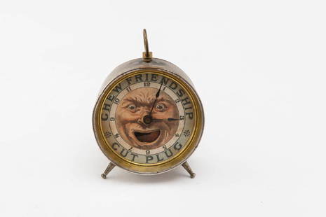 "CUT PLUG" ADVERTISING ALARM CLOCK: Face reads: "Cut Plug - Chew Friendship"; Back of clock: "Patented Mar 2 1886". 5 x 4 1/8 x 2 3/8 inches