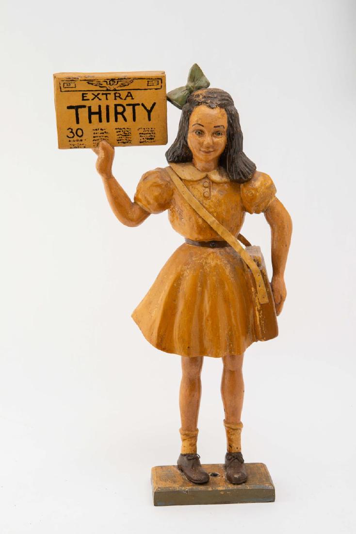 CARVED & PAINTED WOOD NEWSGIRL ADVERTISING STATUETTE: Newspaper reads: "EXTRA THIRTY". 26 1/2 x 14 x 5 3/4 inches
