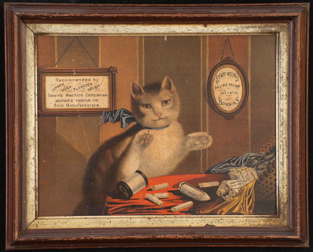 CAT ADVERTISEMENT - MERRICK THREAD CO.: Chromolithograph in period frame. 9 1/2 x 12 1/2 inches