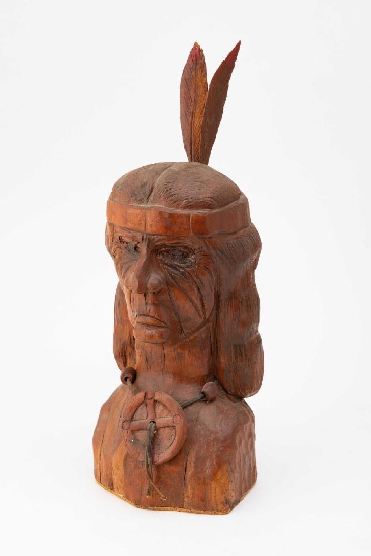 CARVED NATIVE AMERICAN BUST: Made from laminated wood. 18 1/2 x 6 1/2 x 6 inches