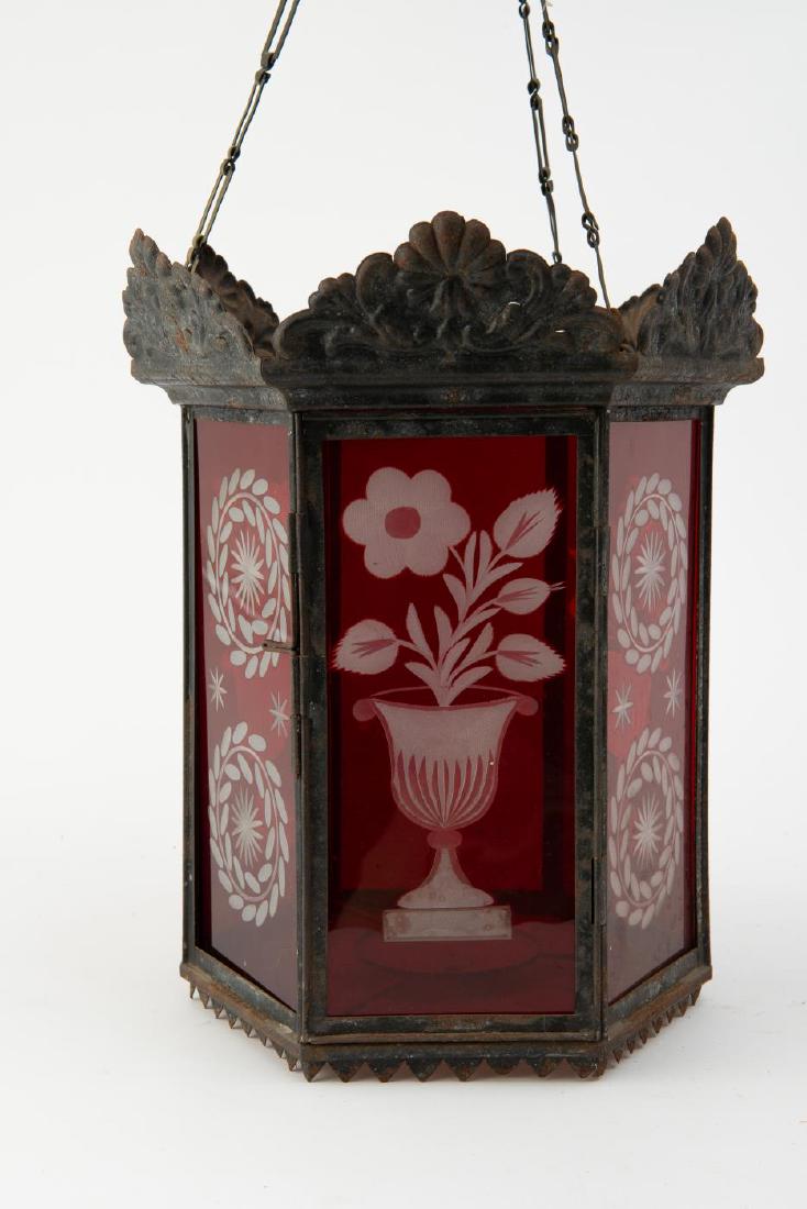 HANGING TIN LANTERN W ETCHED CRANBERRY GLASS (1 of 6)