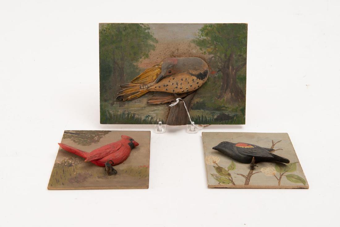THREE CARVED & PAINTED BIRDS ON PLAQUES (1 of 5)
