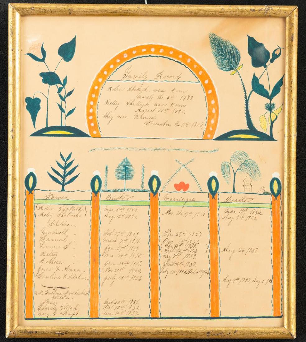 FOLK ART FAMILY RECORD: Shattuck family, earliest date 1788. 13 x 11 inches
