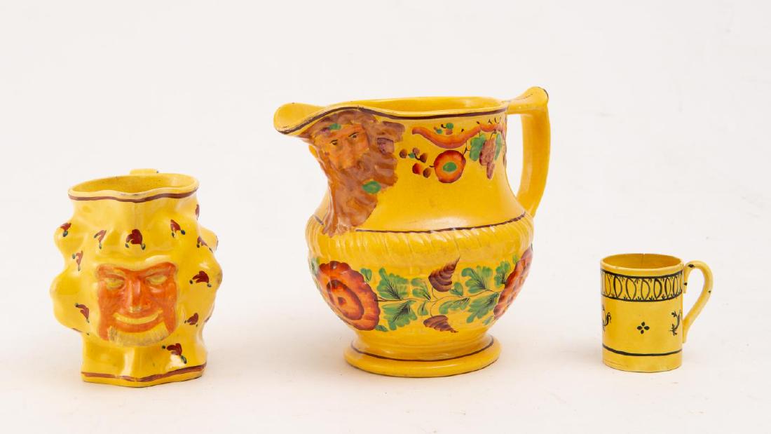 2 STAFFORDSHIRE CANARY YELLOW SATYR JUGS (3) (1 of 5)