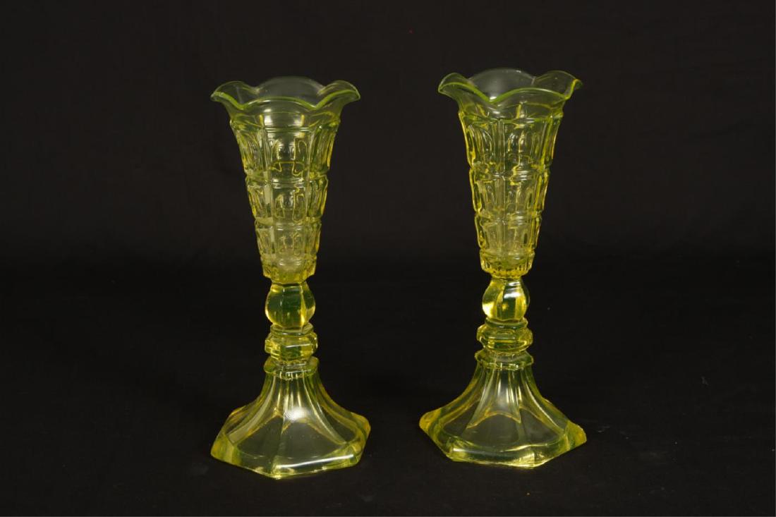PAIR CANARY YELLOW GLASS PRESSED BLOCK VASES (1 of 3)