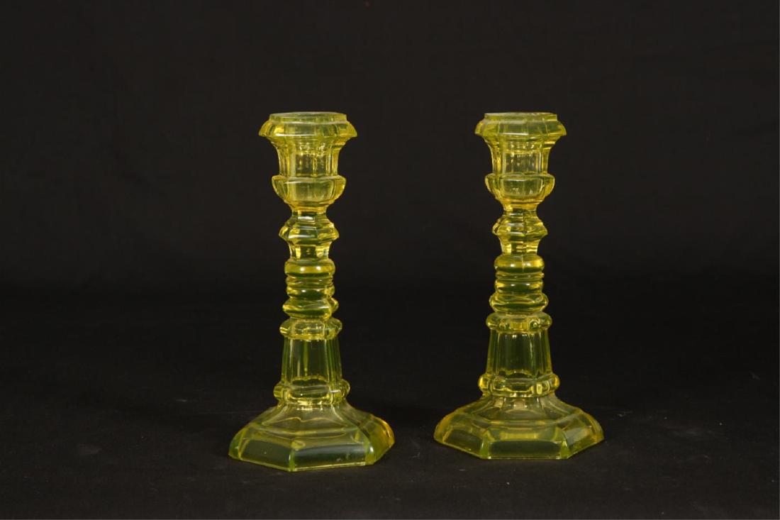 PAIR CANARY YELLOW GLASS CANDLESTICKS HEXAGONAL (1 of 3)