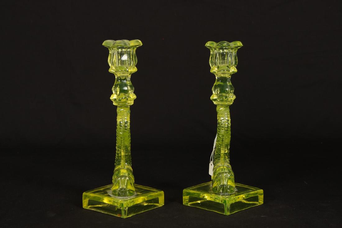 PAIR CANARY YELLOW 'DOLPHIN' GLASS CANDLESTICKS (1 of 3)