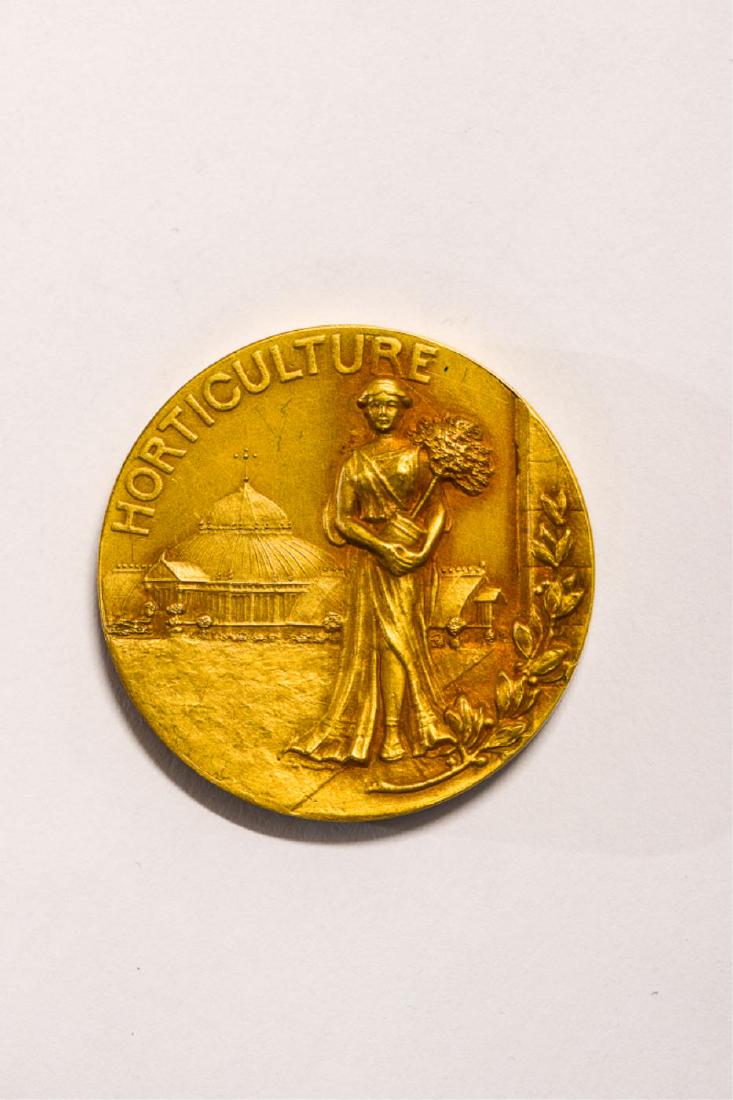 14K GOLD LORD & BURNHAM HORTICULTURAL MEDAL: Engraved: Mrs. Lester Leland, E. H. Wetterlow, Gardener, Manchester MA, August 25, 1909; 1.00 Troy ounces