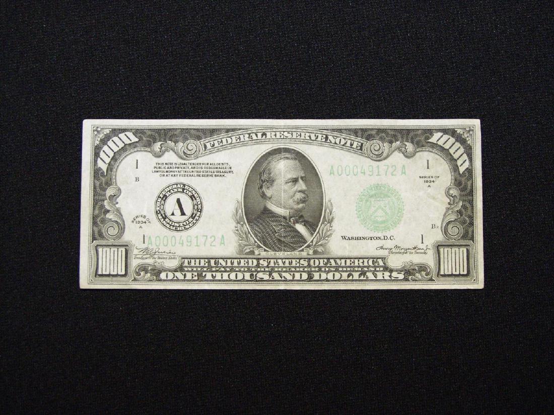 1934 UNITED STATES FEDERAL RESERVE $1000 BILL (1 of 2)