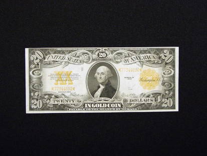 1922 UNITED STATES $20 GOLD CERTIFICATE: A choice example of a major US type. Large size, Washington on obverse