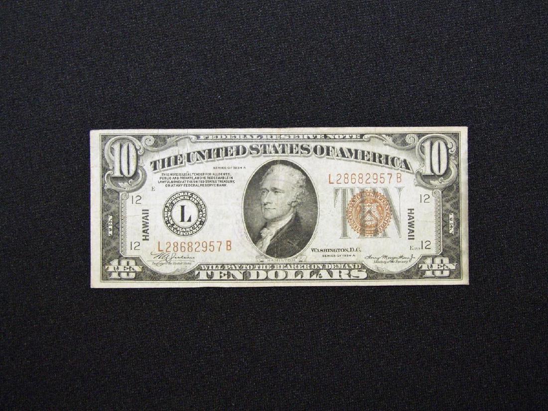 1934 US FEDERAL RESERVE HAWAII $10 NOTE (1 of 2)