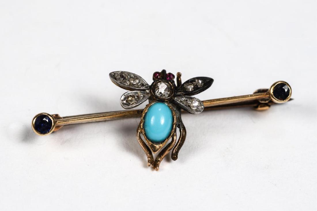 14k GOLD BAR PIN with DIAMOND AND TURQUOISE BEE (1 of 3)