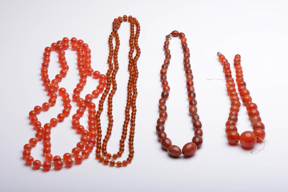 (4) CHINESE RED GLASS and AGATE BEADED NECKLACES (1 of 5)
