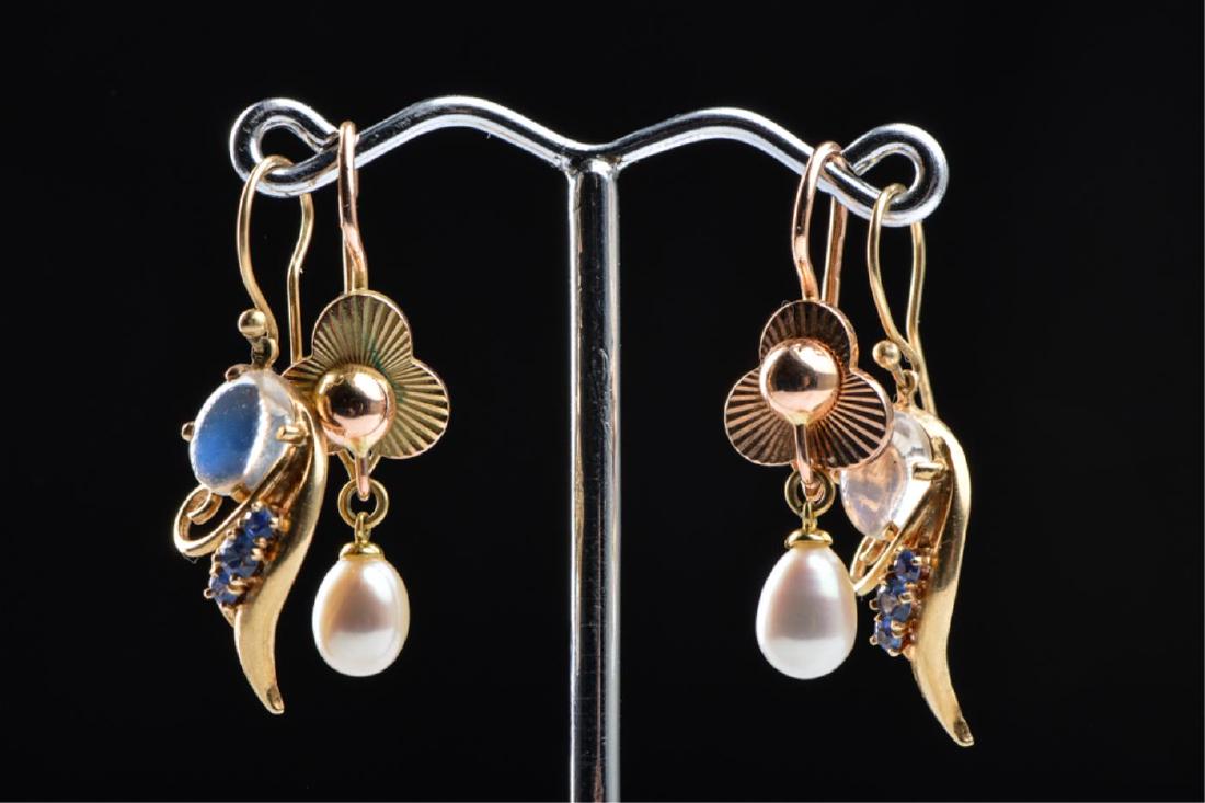 (2) PAIR OF CONTEMPORARY 14k GOLD EARRINGS: Moonstone and sapphires 1 1/8 inches, and a pair of pearl drops beneath a stylized clover. 1 1/4 inches (each length including ear wires). 5.7 dwt