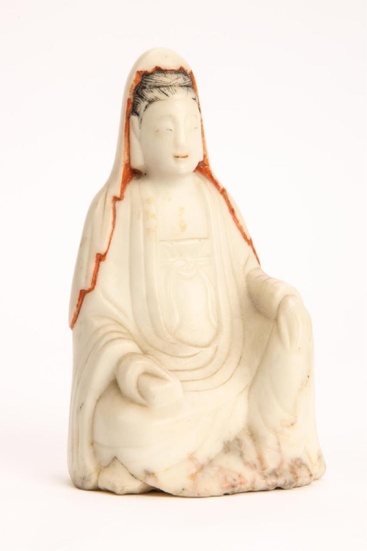 WHITE HARDSTONE CARVING OF GUANYIN: Hair and shawl high lighted in pigment. 6 inches.