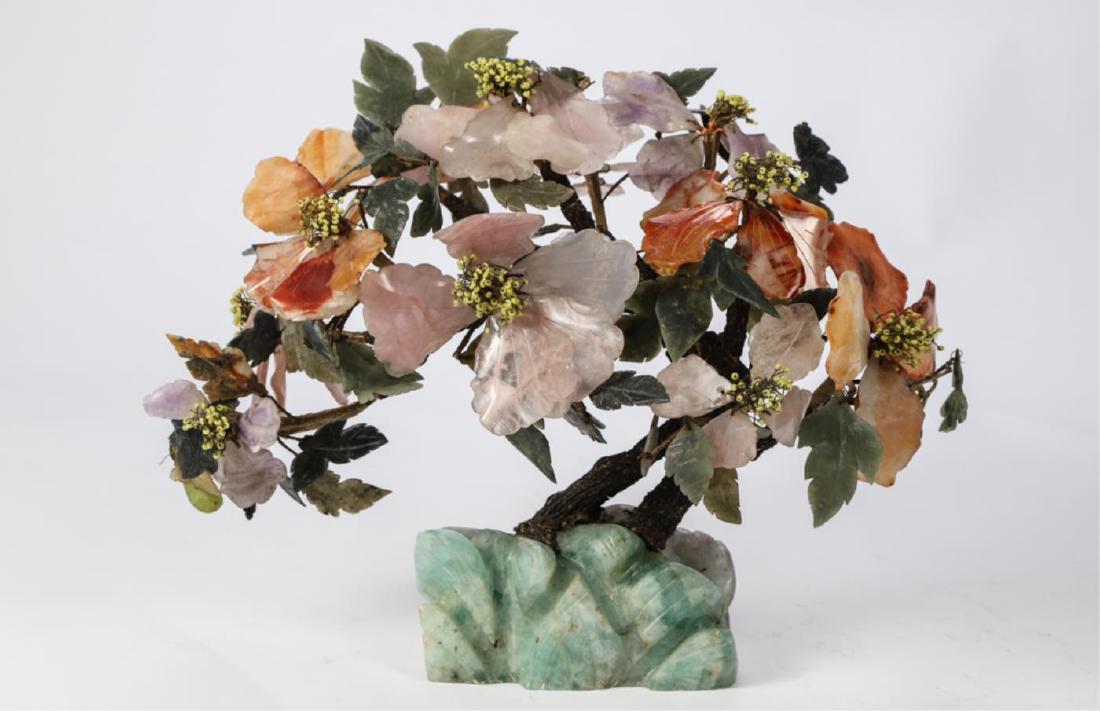 CHINESE JADE AND HARDSTONE FLOWERING TREE: Set into a jade base. 13 x 16 x 10 inches