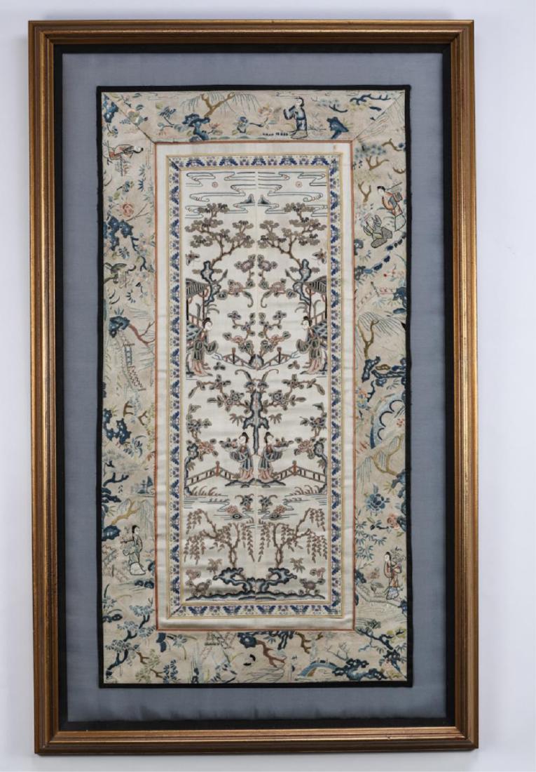 CHINESE SILK EMBROIDERY: Center panel is match-booked with figures, garden house, trees and pond. 27 x 14 1/2 inches. archival framed 34 x 20 1/2 inches