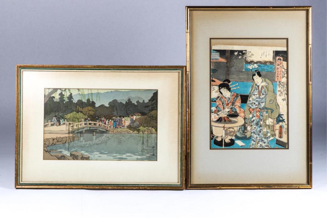 HIROSHI YOSHIDA AND TOYOKUNI JAPANESE PRINTS: Hiroshi Yoshida 1876-1950 "Bridge" 10 1/2 x 15 1/2 inches (full margins) and Toyokuni III/ Kunisada. (1786-1865) "Making Tea"