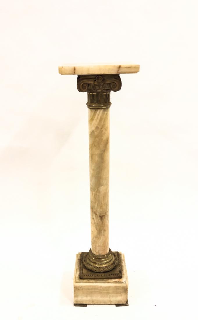 MARBLE PEDESTAL with ORMOLU MOUNTS: Gilt bronze neoclassical capital and base. 43 x 11 x 11 inches.