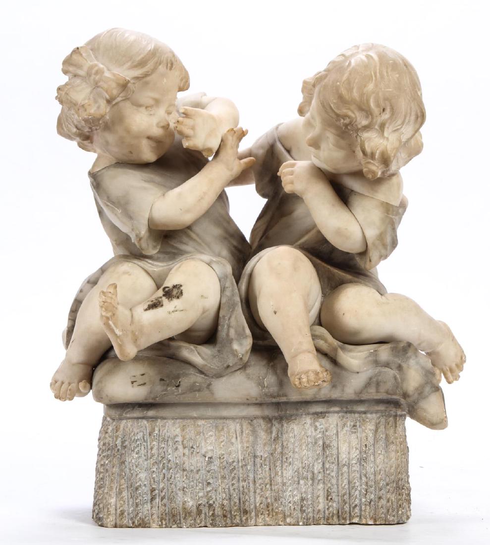 EUROPEAN SCHOOL (19th c) “TWO CHILDREN”: "Being Playful" alabaster. unsigned. 17 x 15 x 9 inches.