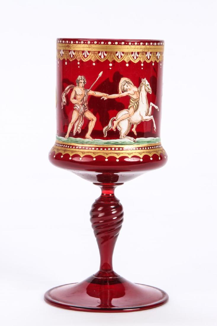 ENAMELED RUBY GLASS GOBLET: Hand enameled with Greeks battling Amazon Warriors. 6 3/4inches.