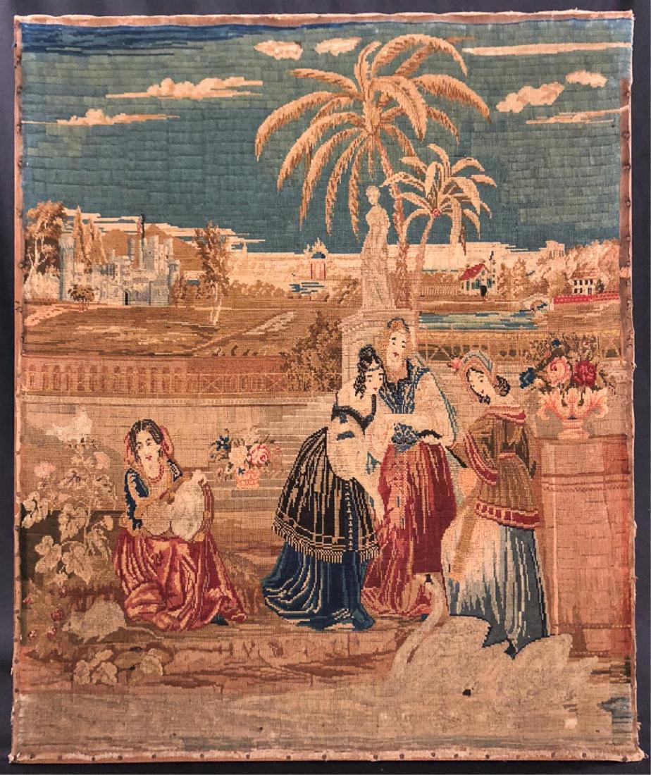 (19th c) EMBROIDERY: "Women Feeding Swans in a Mediterranean landscape with Castles" wool and beadwork (dresses and castle) 32 x 26 inches. unframed