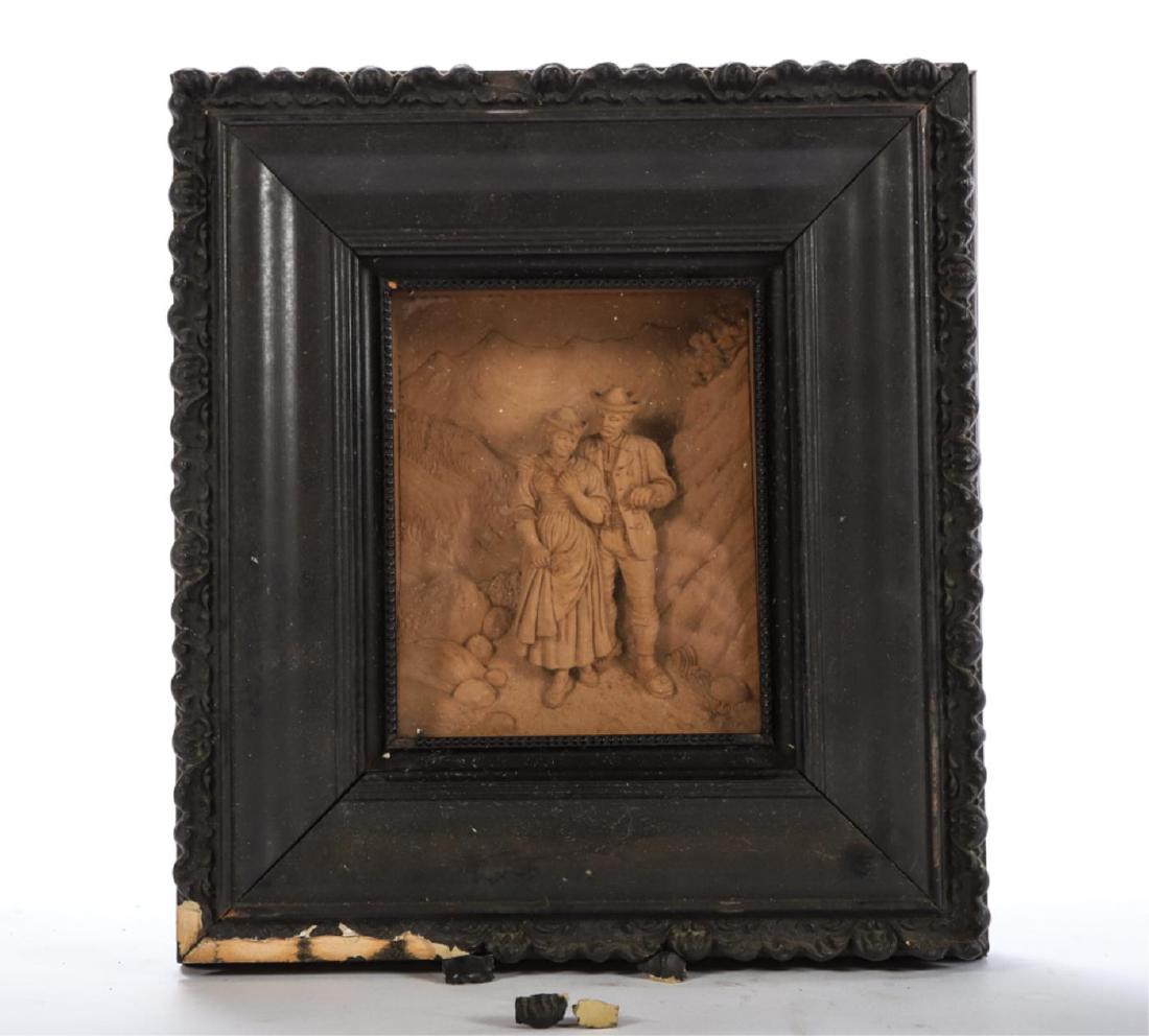 BLACK FOREST CARVED TYROLEAN SCENE in SHADOW BOX: "Couple Strolls through an Alpine Landscape" carved wood. unsigned. 5 1/4 x 4 1/4 inches. framed 10 1/2 x 9 1/2 inches (overall)