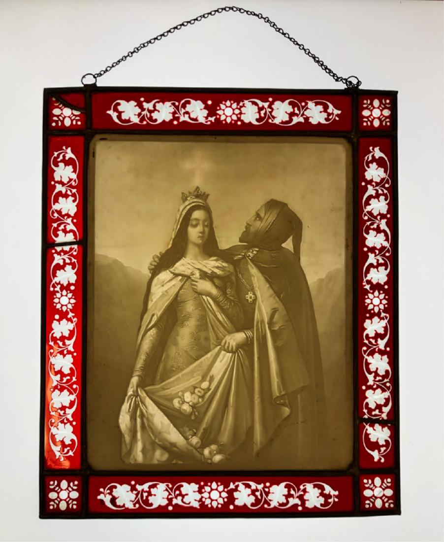 KPM LITHOPANE PLAQUE: “Mary with Holy Man” 12 x 9 1/4 inches. Presented in ruby cut to clear leaded grape-leaf frame.