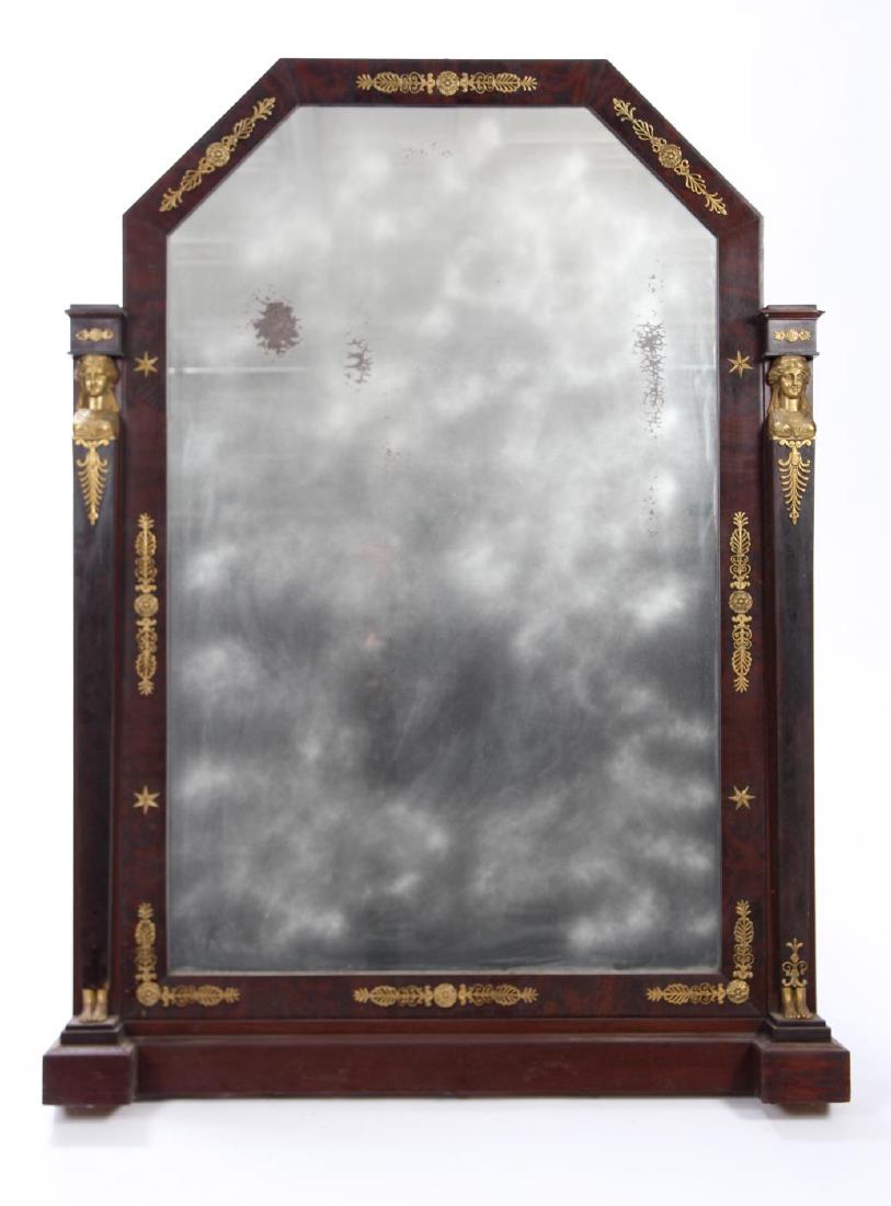 LARGE FRENCH EMPIRE FIGURAL MANTLE MIRROR: Mahogany veneer with clipped corners, star and filigree ormolu mounts including figural pilasters 56 1/2 x 41 1/2