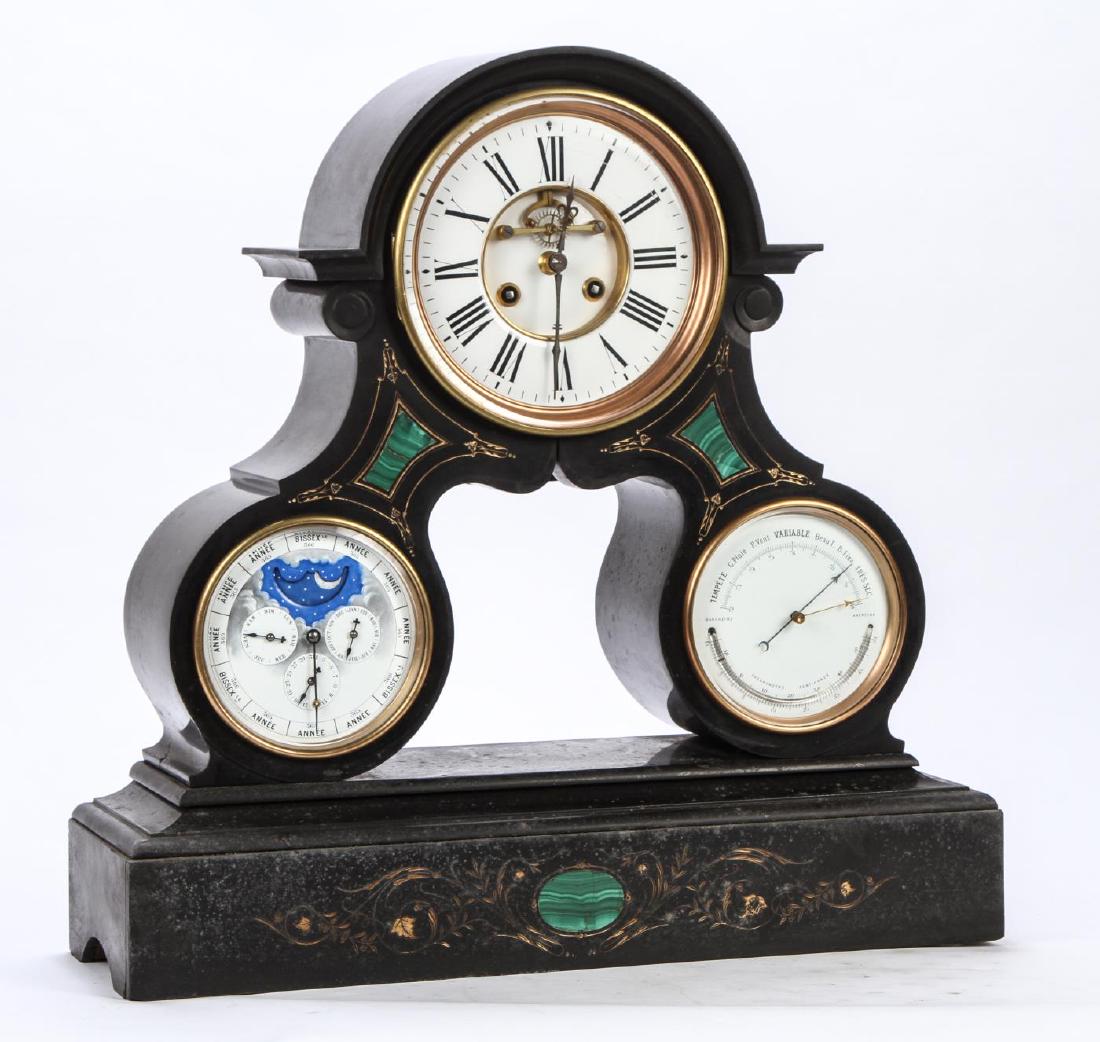 RARE FRENCH (3) DIAL DAY, DATE, YEAR MANTLE CLOCK: Inlayed malachite with perpetual calendar and aneroid barometer, (6) inch clock dial with Roman numerals, barometer labeled Holosteric, 4 inches, the perpetual calendar with subsidiary centered dials