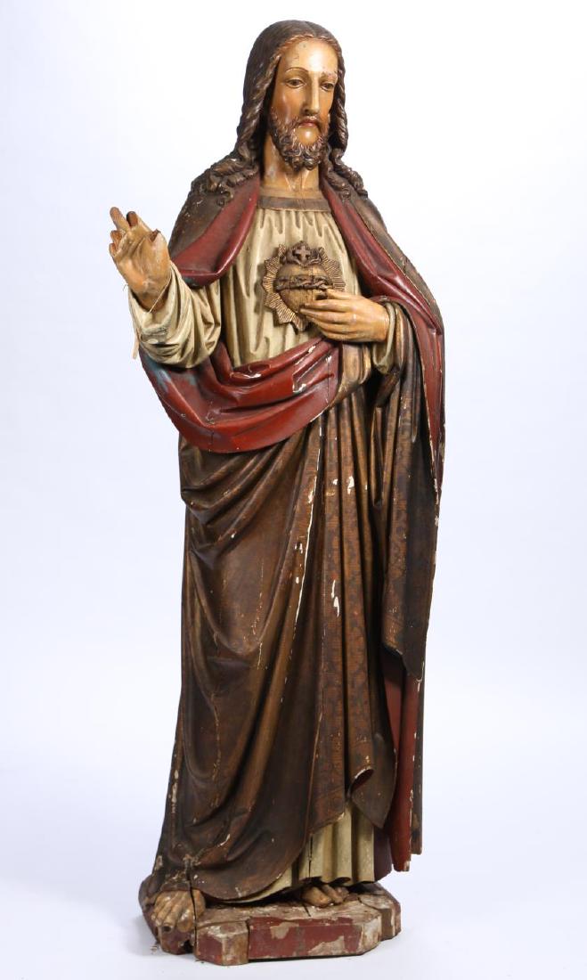 (19th c) ITALIAN SCHOOL CARVED WOODEN STATUE: "Most Sacred Heart of Jesus" carved and painted wood. 65 inches.