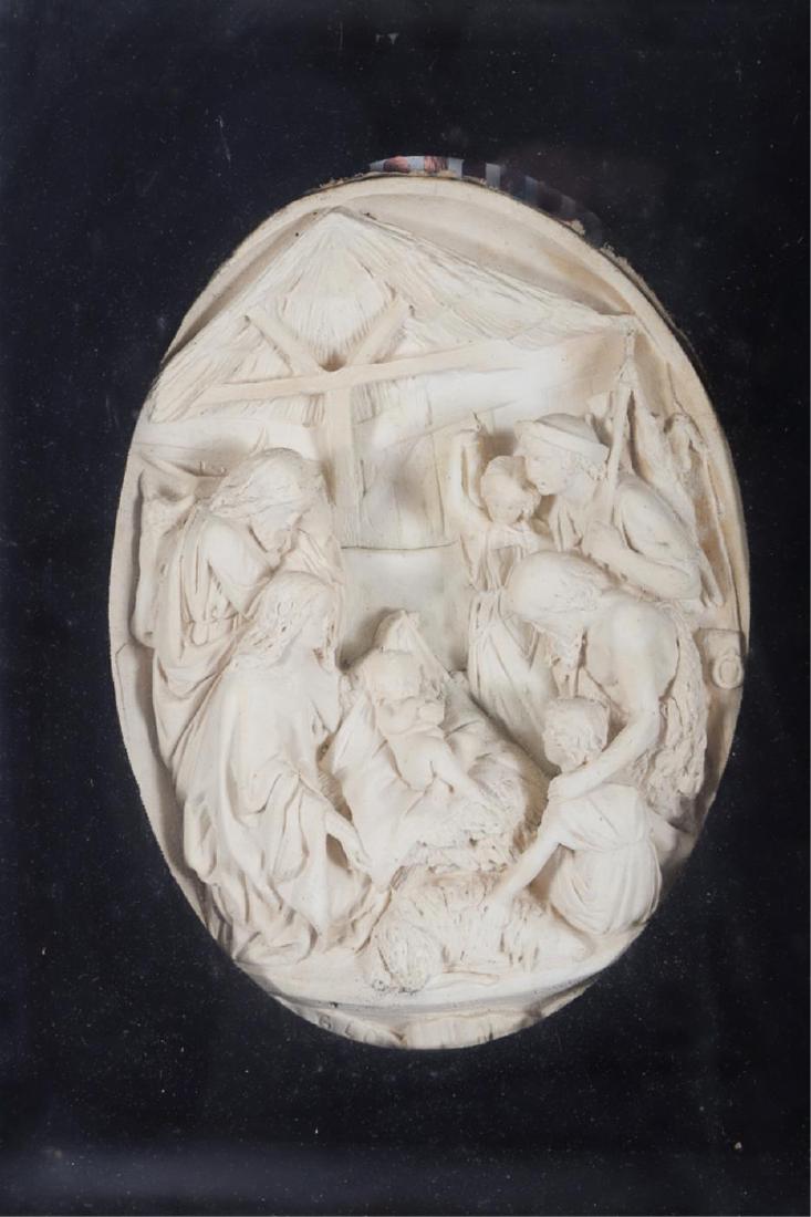 NATIVITY SCENE PRESENTED in a SHADOW BOX: 1858 Hand Carved Meerschaum Bas Relief Plaque signed J. Pontana Editeor 11 1/2 x 8 inches. framed 17 x 13 1/2 inches.