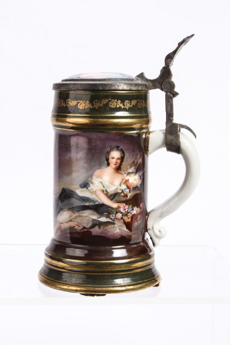 GERMAN LITHOPHANE STEIN HAND PAINTED with BEAUTY: Hand painted porcelain travelling shovel salesman lid. 8 1/2 inches.