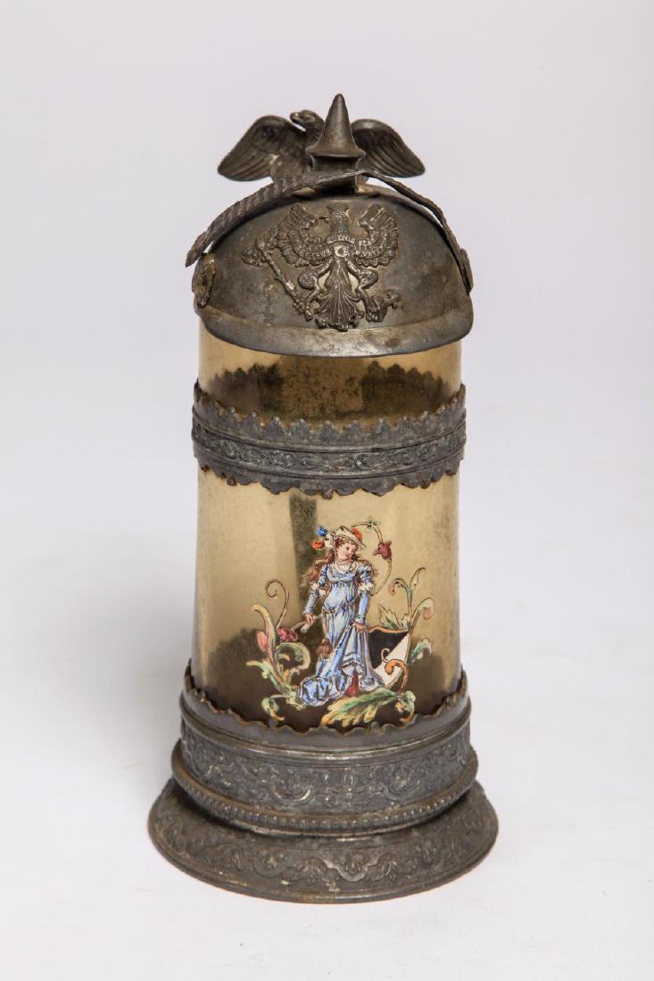GERMAN PICKELHAUBE ENAMELED GLASS & PEWTER STEIN: 8 1/2 inches.
