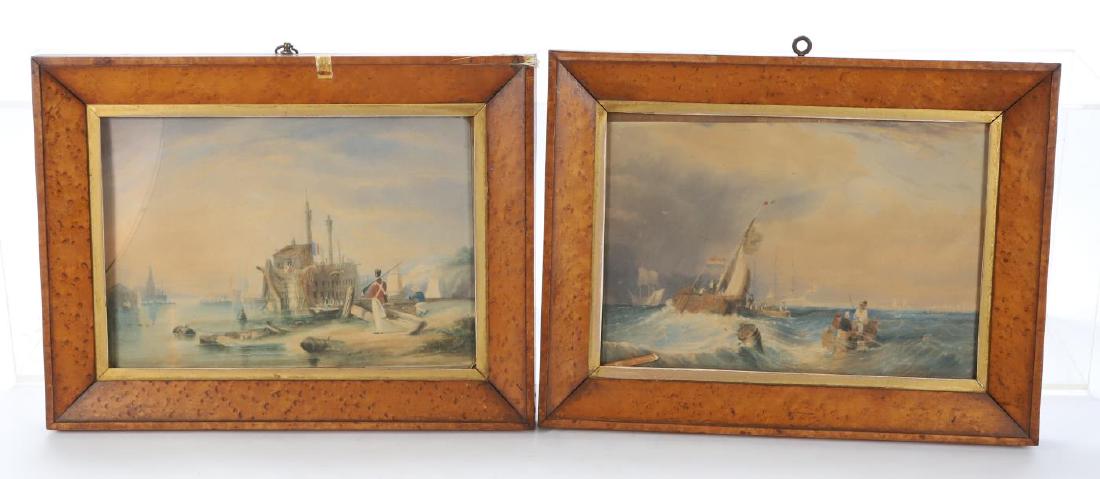 (2) BRITISH SCHOOL (Early 19th c) “SHIP BUILDING”: Napoleonic War Era Soldier stands before an incomplete war ship in a busy harbor. 9 x 13 inches. unsigned. birds eye maple frame. 13 x 17 inches (overall)