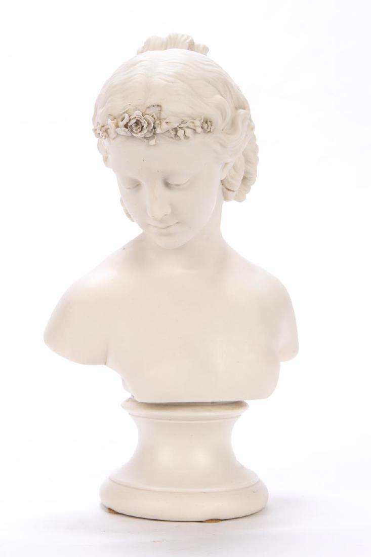 COPELAND PARIAN WARE BUST OF A YOUNG WOMAN: Signed. 11 inches.
