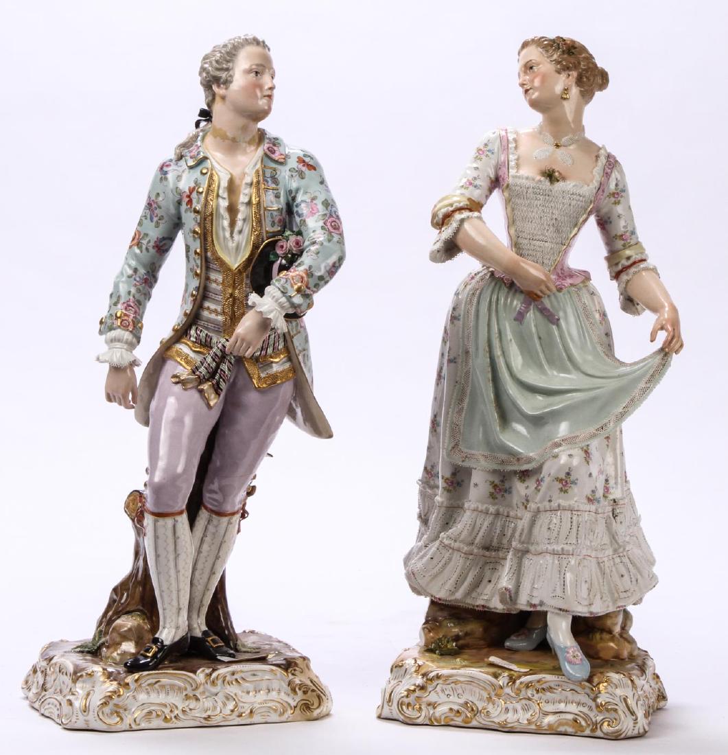 PAIR LARGE MEISSEN FIGURINES: "Handsome Young Couple on a Stroll" hand painted porcelain. signed. 18 1/2 inches (approx each).