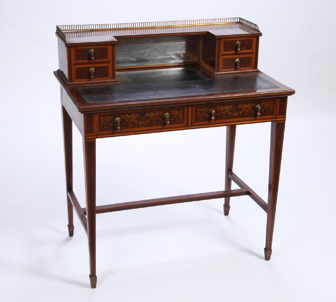 HOBBS and CO. EDWARDIAN DESK with RIBBON INLAY: 1930's Bench-made lady's desk incorporating ribbon mahogany and maple veneers. Bronze gallery above (2) banks of (2) Drawers divided by beveled glass back, writing surface inlayed with leather above (