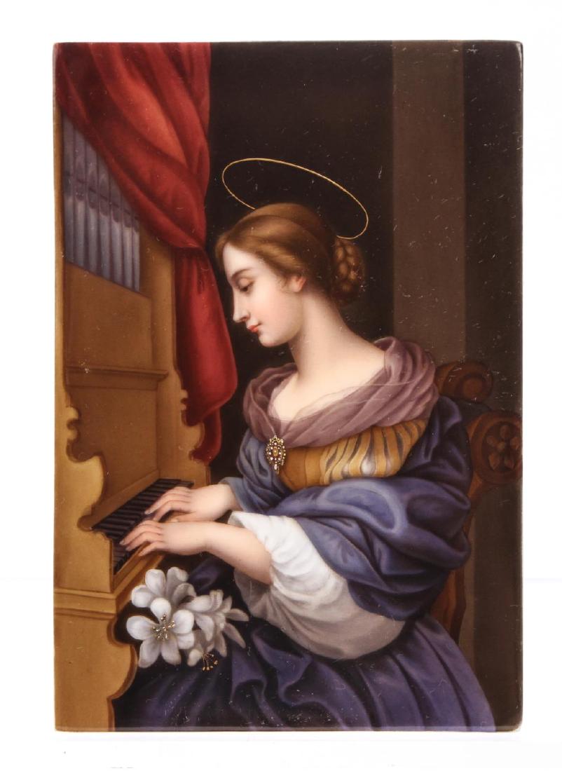 PORCELAIN PLAQUE OF ST. CECILIA at the ORGAN: (19th c) European School. unsigned. 6 1/4 x 4 1/4 inches.