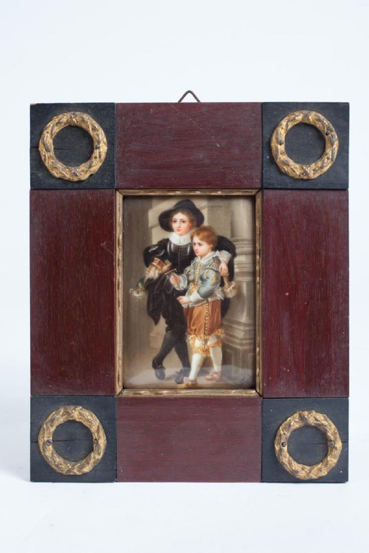 MINIATURE ON PORCELAIN SIGNED WAGNER: "(2) Boys in (16th c) Attire" 3 1/2 x 2 1/2 inches. framed. 6 3/4 x 5 3/4 inches (overall)