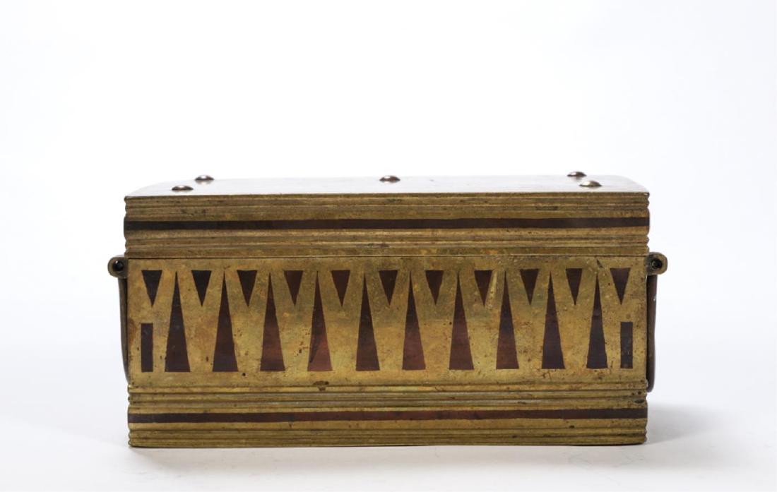 BRASS (2) HANDLED INLAY BRASS HINGED BOX: With geometric patterns of copper and silver. unmarked. 3 1/2 x 7 1/2 x 4 inches.
