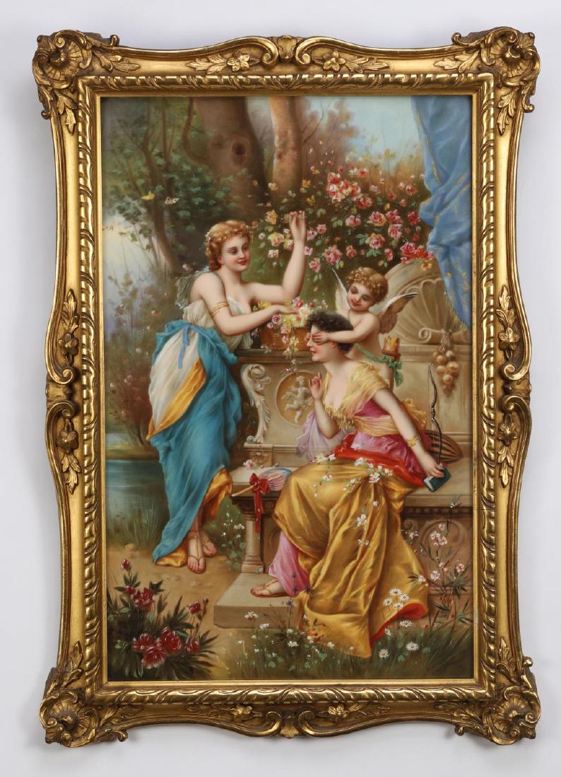 LARGE K.P.M. PORCELAIN PLAQUE with CUPID and MAIDENS: "Who is It?" 15 1/2 x 10 inches. painting unsigned. plaque marked verso.K.P.M. S 407 263 framed 19 x 13 1/2 inches (overall)