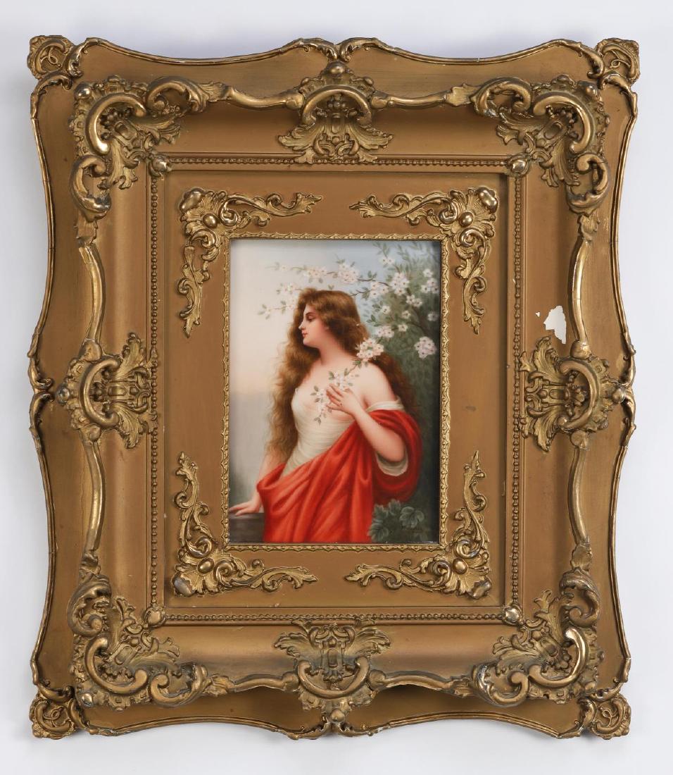 MINIATURE on PORCELAIN signed WAGNER: "Robed Maiden with Fruit Tree Blossoms" signed Wagner, plaque signed Erbluht and stamped with Hutschenreuther mark. 7 x 5 inches. framed 17 x 14 inches (overall)