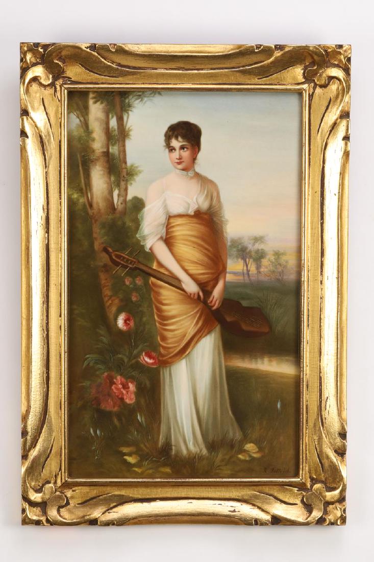 KPM PLAQUE by R. DITTRICH: "Die Lautenschlagerin" hand painted porcelain 13 x 8 inches. signed. framed. 15 1/2 x 10 1/2 inches (overall)