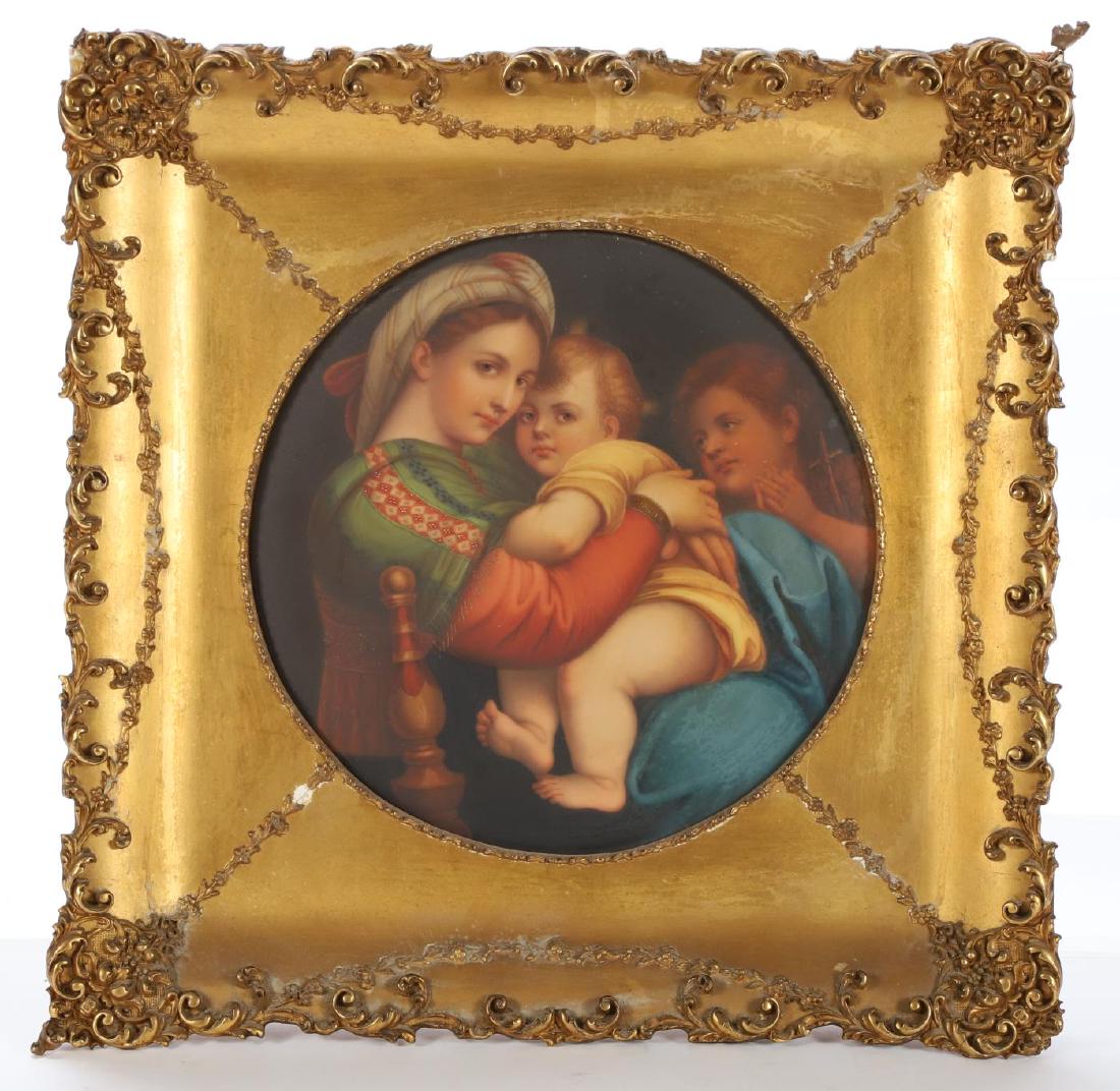 MADONNA OF THE CHAIR GERMAN PORCELAIN PLAQUE: (19th c) After Raphael (1483-1520) 9 1/2 inches diameter. framed 15 1/2 x 15 1/2 inches.