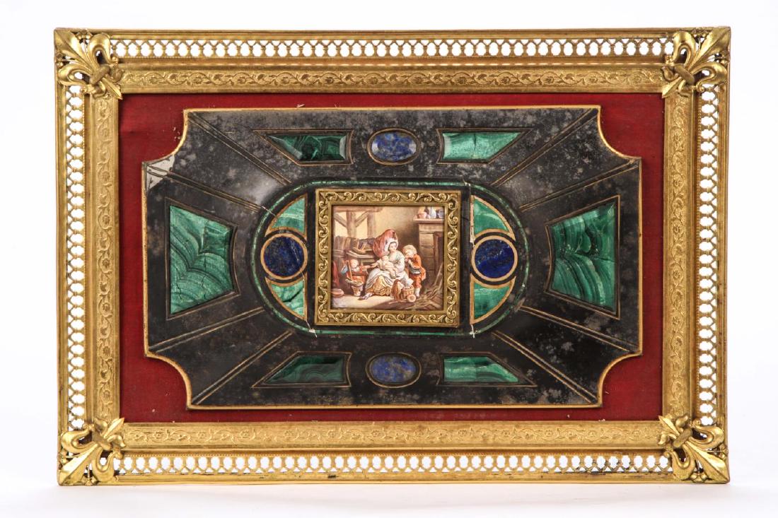 ELOBORATE EUROPEAN PLAQUE with MINIATURE on COPPER: "Peasant Family" watercolor on (probably copper). 2 1/2 x 2 3/4 inches. unsigned. framed in cast bronze and framed with raised malachite and lapis specimens, cloth and gilt frame. 11 1/4 x 16 1/2 inch